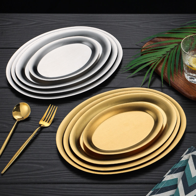 304不锈钢椭圆盘金色烧烤浅盘加厚拉丝鱼盘菜盘子旦形托盘食物盘