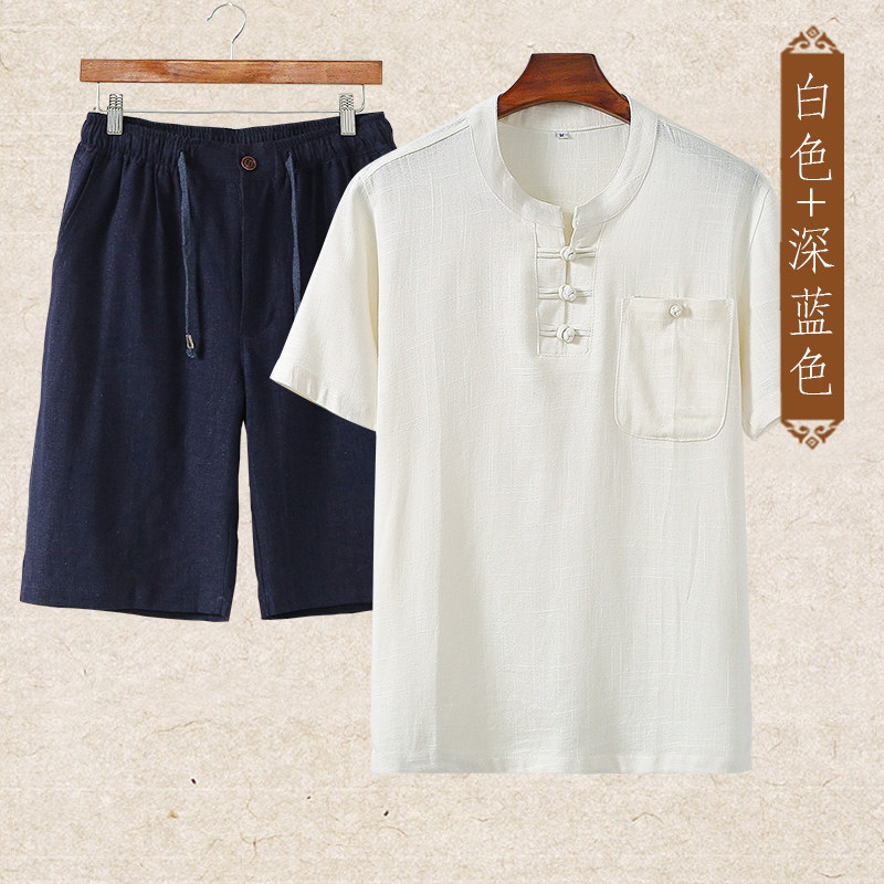 여름 아빠 정장 남성 반팔 티셔츠면과 린넨 여름 옷 중년 및 노인 할아버지 캐주얼 린넨 남성 중국 스타일