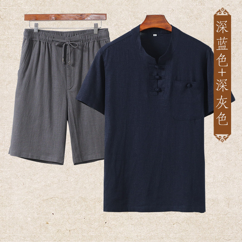 여름 아빠 정장 남성 반팔 티셔츠면과 린넨 여름 옷 중년 및 노인 할아버지 캐주얼 린넨 남성 중국 스타일