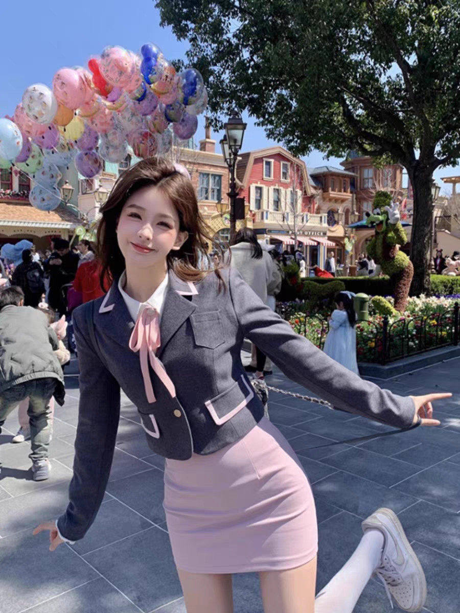 出租迪士尼秋冬穿搭一整套时尚美式学院风JK制服套装包臀裙女冬季图片