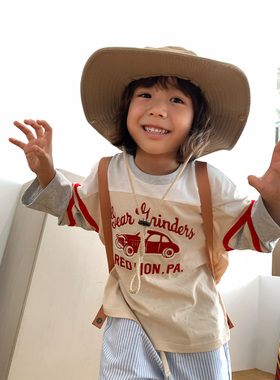 jooca 童装复古日系纯棉拼色刺绣七分袖T恤男童夏季新款短袖上衣