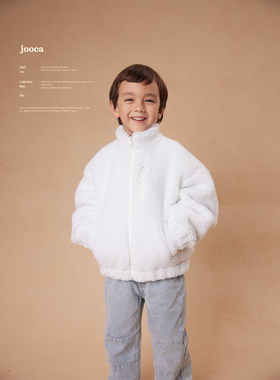 jooca比伯系列 治愈小雪人纯白羊羔毛拉链连帽男女童羊羔毛夹克