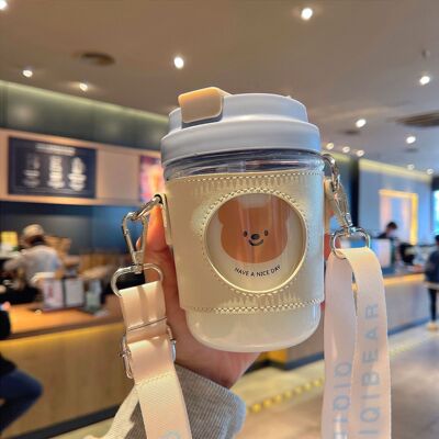 夏季可爱双饮玻璃杯子高颜值女生可斜跨吸管水杯便携咖啡杯子