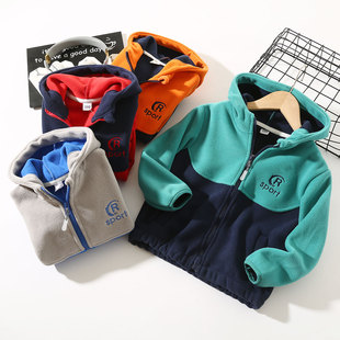 开衫 567岁韩版 纯色 男女童摇粒绒连帽外套 秋冬儿童拼接抓绒上衣