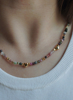 耳边铛碧玺彩色天然石爱心项链