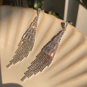 耳边铛 111欧美超闪灵动镶钻耳环流苏夸张气质耳钉超仙长款 耳坠女