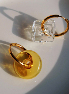 耳边铛262原创设计透明冰块不对称耳环几何方形黄色耳圈耳饰耳夹