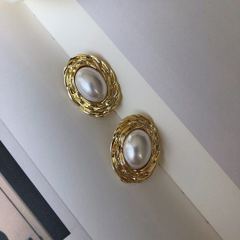 耳边铛94法式金属椭圆形珍珠耳环复古几何耳钉s925银针耳饰耳夹女,饰品/流行首饰/时尚饰品新,耳环,淘宝优惠券,粉丝福利购,淘宝优惠卷