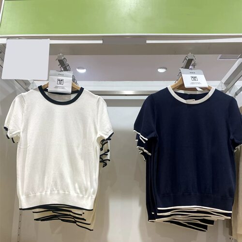 基础款2026春夏新款圆领拼色针织衫女短袖套头毛衣宽松上衣485223