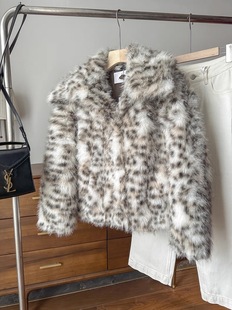 走戏班牙！牛货！复古时尚性感翻领豹纹印花仿皮草宽松毛毛外套女