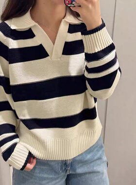 北欧风 木巨790+休闲版型V领条纹撞色针织衫宽松显瘦毛衣女秋冬