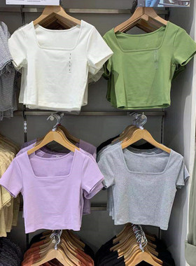 辣辣辣！日单 2025夏款T棉质罗纹方领短T恤短袖短款T恤女452077