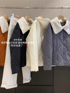 俄罗斯单 菱格羊羔毛翻领棉服外套女宽松保暖棉衣棉袄女 2025冬季