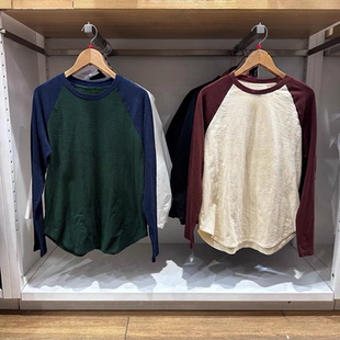 日系  26春季竹节纱插肩袖撞色T恤圆领长袖拼色t恤打底衫女484869