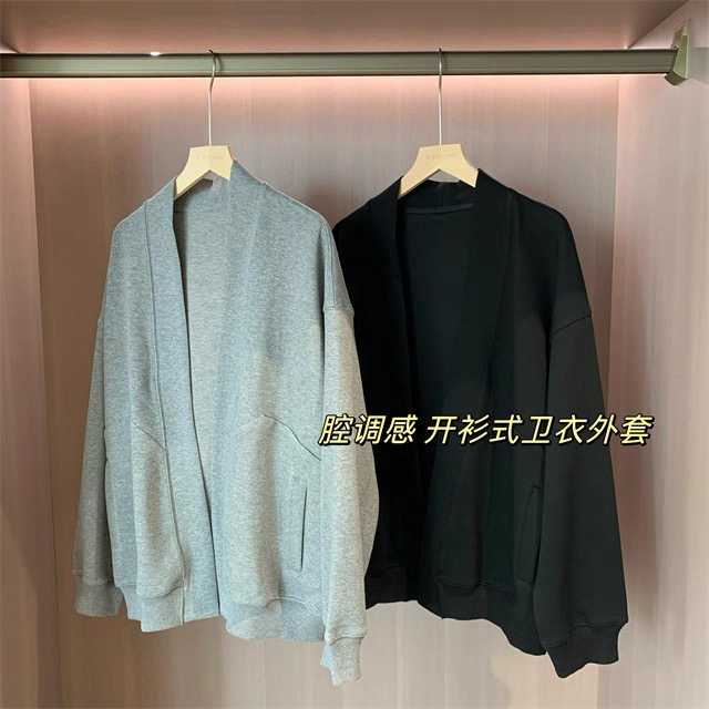 美式BF风!宽松慵懒高街V领极简时髦卫衣无扣领廓形开衫外套女秋