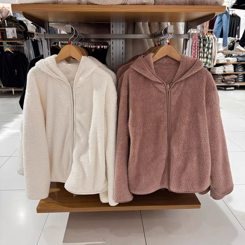 日单女装长绒摇粒绒拉链连帽外套