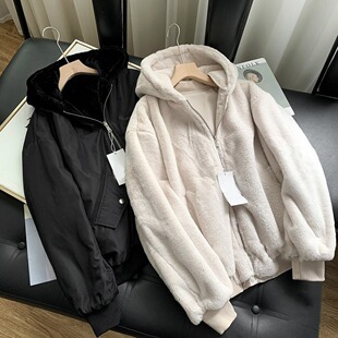 保暖加厚  西班牙单  冬装慵懒宽松羊羔毛两面穿飞行服棉衣外套女