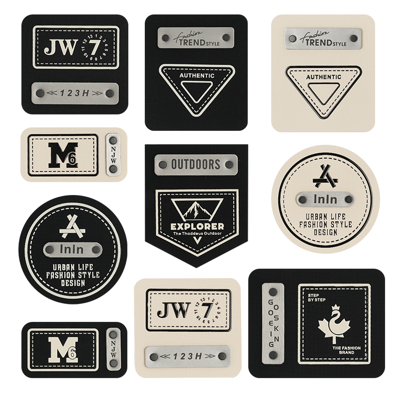 立体胶印皮标米白色印花金属双钉服装辅料衣服裤子包包装饰软皮牌