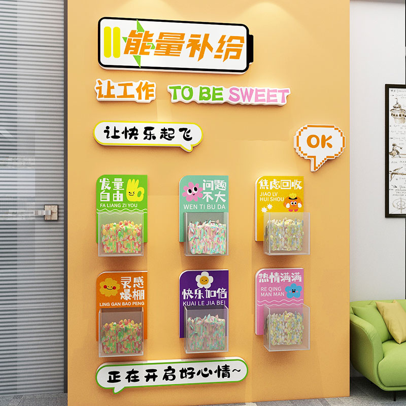 公司茶水间氛围布置装饰员工能量补给站糖果文化墙面办公室休息区图片