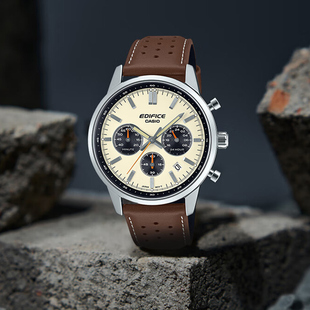 卡西欧男生手表EDIFICE新款 575 复古球面表盘皮表带商务石英表EFR