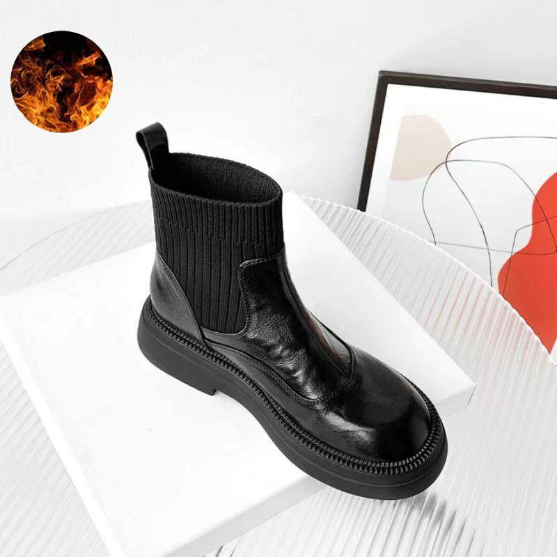 品牌真皮2025新款秋冬加绒毛线口针织袜短靴英伦软底单靴瘦瘦靴潮,女鞋,马丁靴,淘宝优惠券,粉丝福利购,淘宝优惠卷