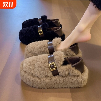 品牌厚底增高皮带扣乐福鞋毛毛鞋