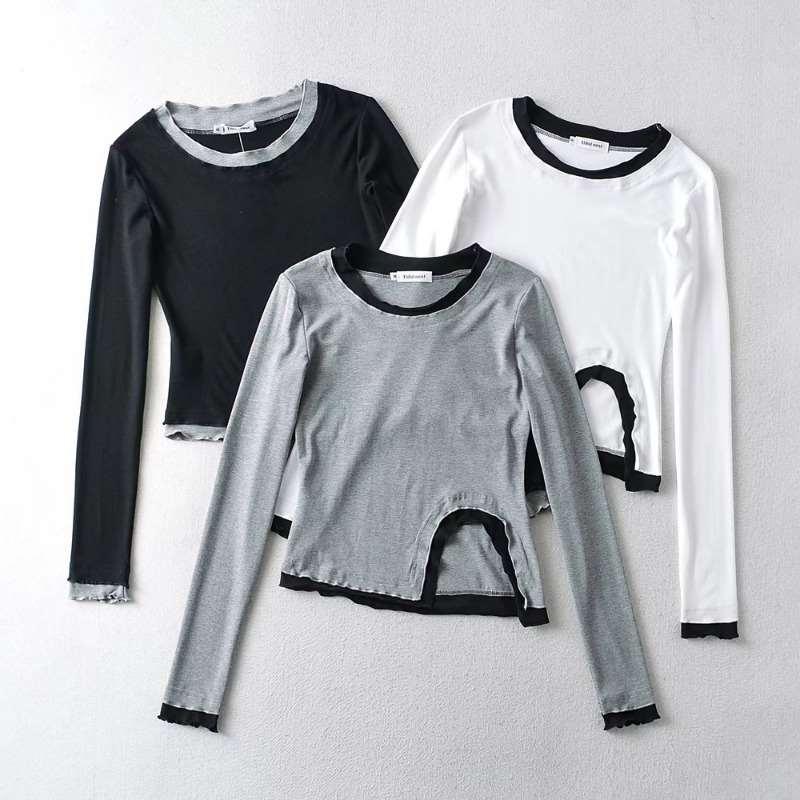 Women's Spring New Pullover Long Sleeve Crew Neck Contrast