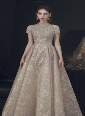 Luxury Lace Long Evening Dresses With Short Sleeves 2022 Be