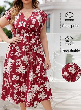 summer flower print women plus size dress 夏季大码显瘦连衣裙