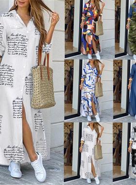 Long dress with long sleeves with lapels翻领长袖中腰连衣长裙