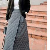 夹棉中长半身裙秋冬新款 跨境外贸款 一片式 菱角棉格包臀裙有口袋