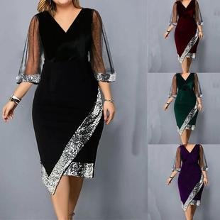 S-5XL women dinner party dress ladies skirt gown金丝绒亮片裙