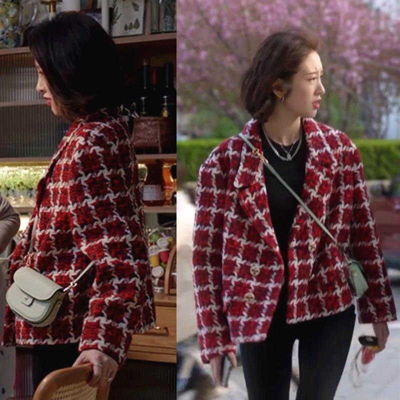 小敏家刘小捷唐艺昕同款衣服外套女加厚红色格子粗花呢毛呢上衣潮