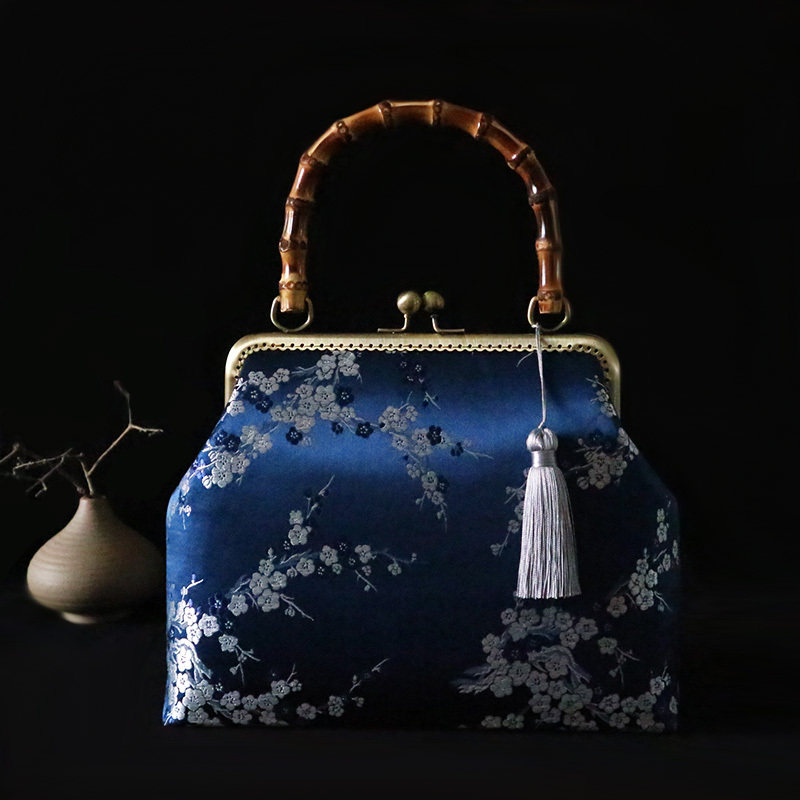 原创梅花真丝织锦缎旗袍包女竹节手提包中国风古典气质手工包新款