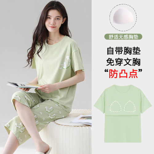 100%纯棉带胸垫短袖七分裤睡衣女