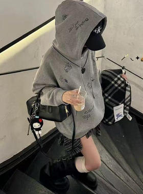 HelloKitty印花灰色连帽卫衣女秋冬季2025新款慵懒风宽松加绒帽衫