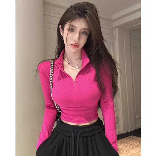 长袖上衣女秋单穿玫红色辣妹t恤冬穿搭巨好看的打底衫高级感0915e