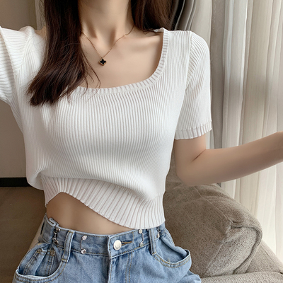 现货夏季白色冰丝针织T恤女短袖方领速干小衫薄款修身u领正肩短款