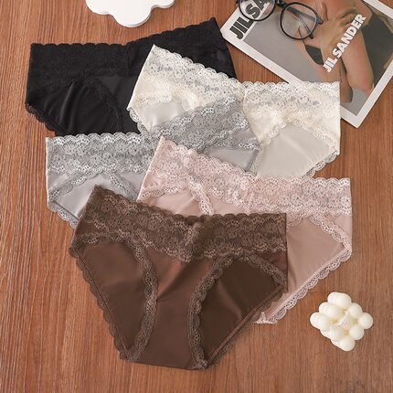 欧美7a蕾丝半贴胶无痕油光绸缎性感内裤女低腰透气女士三角裤