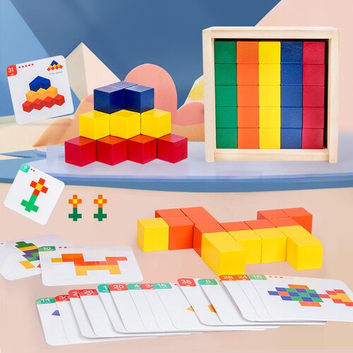 儿童立方体方块木制拼图空间立体玩具木质积木正方体积木数学教具