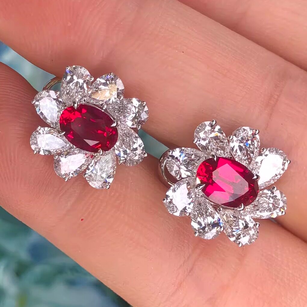 现货 9K白金镶嵌培育钻石2.16克拉培育红宝石耳钉 鉴赏期48小时间