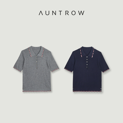 “此时明月” 100超细绵羊毛 法式撞色波浪边Polo领修身针织短袖