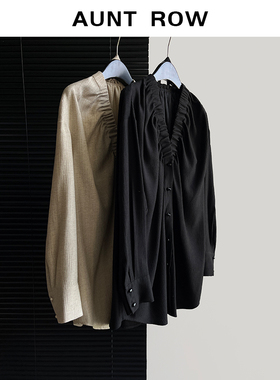 AuntRow24FW 梧桐夜语 人棉羊毛混纺&设计感v领抽皱绑带小衫