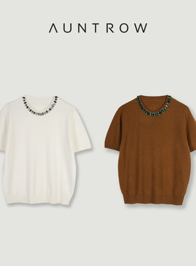 “银河香颂” 100超细羊毛 精致手工钉珠正肩圆领针织短袖