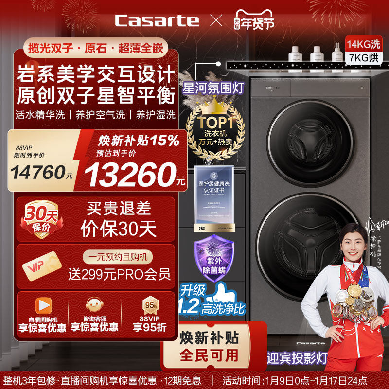 换新补贴【卡萨帝揽光双子原石系列】14kg子母双筒洗烘一体洗衣机