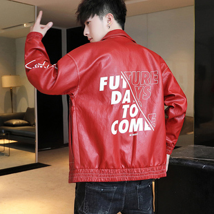 春秋皮衣外套男机车潮流帅气高街翻领加绒韩版 青少年宽松PU皮夹克