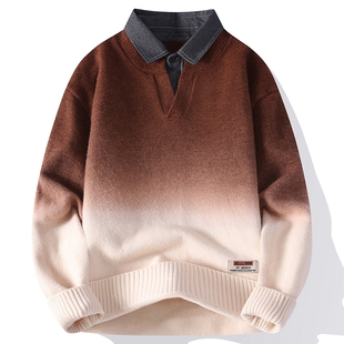 2025新款秋冬季衬衫领毛衣男渐变色潮牌时尚休闲长袖针织衫毛线衣