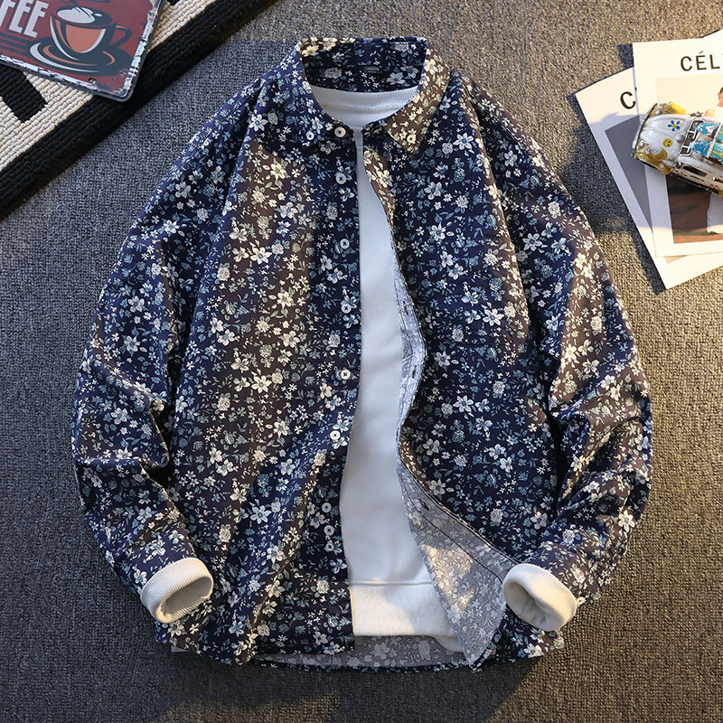 小碎花纯棉长袖衬衫男款美式复古休闲高级感痞帅衬衣时尚潮流上衣