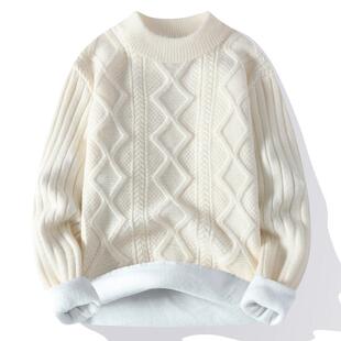 加绒保暖纯色毛衣男秋冬季扭麻花青少年大童打底衫韩版休闲针织衫