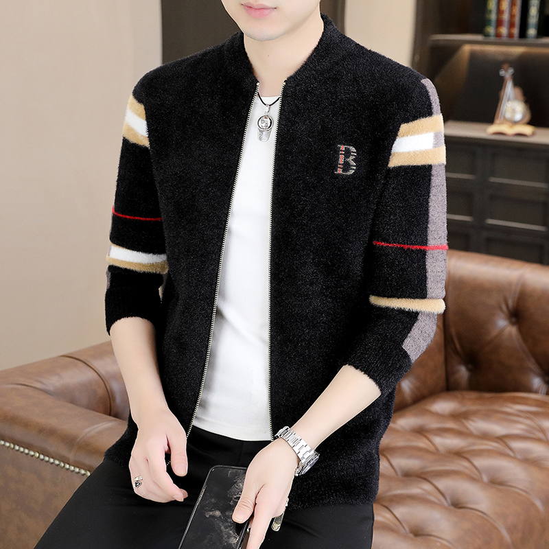 港士博立领纯色开衫外套男秋季韩版休闲针织衫上衣简约毛衣修身潮